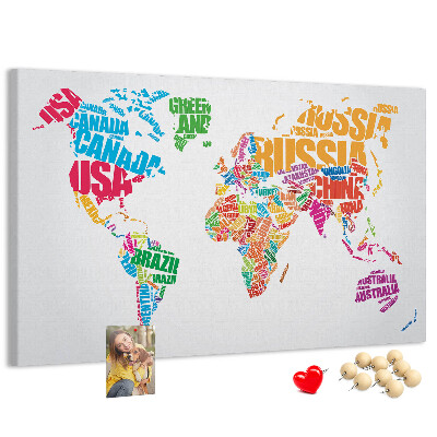 Prikbord wereldkaart kleurrijke wereldkaart met landnamen