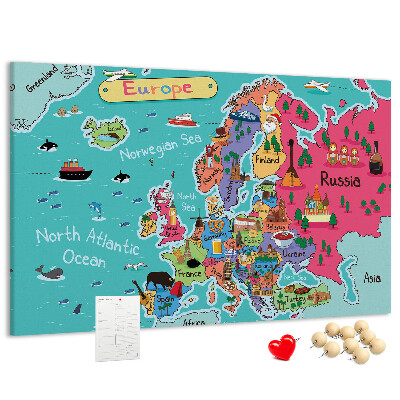Kurkbord met een kleurrijke kaart van Europa en landnamen