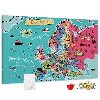 Kurkbord met een kleurrijke kaart van Europa en landnamen