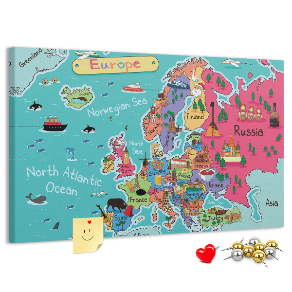 Kurkbord met een kleurrijke kaart van Europa en landnamen