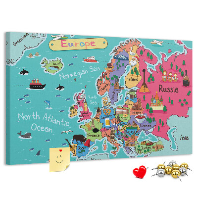 Kurkbord met een kleurrijke kaart van Europa en landnamen