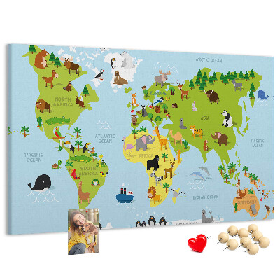 Wereldkaart met dieren en continenten prikbord