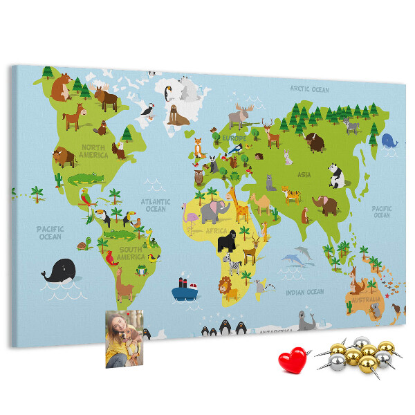 Wereldkaart met dieren en continenten prikbord