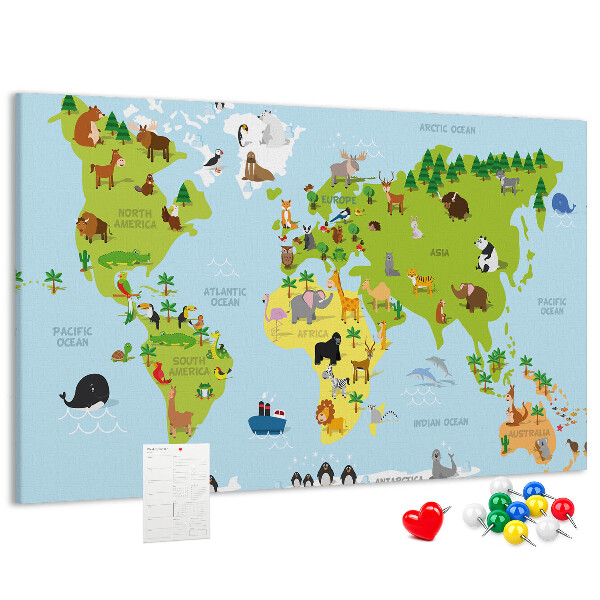 Wereldkaart met dieren en continenten prikbord