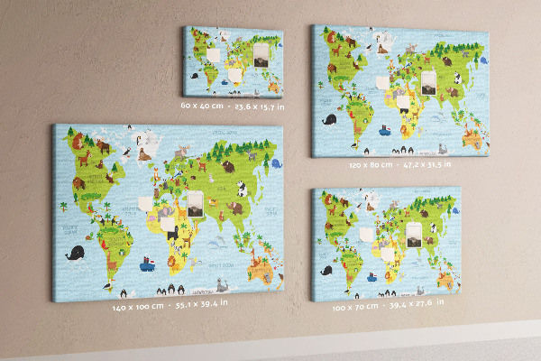 Wereldkaart met dieren en continenten prikbord