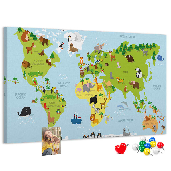 Wereldkaart met dieren en continenten prikbord