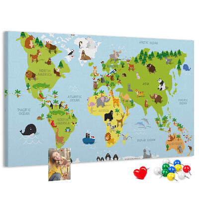 Wereldkaart met dieren en continenten prikbord