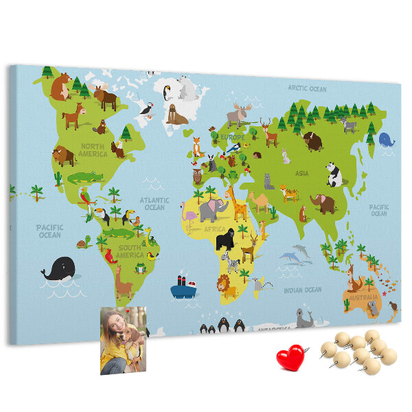 Wereldkaart met dieren en continenten prikbord