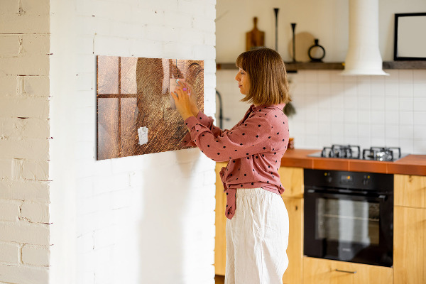 Decoratief glazen wandbord beschrijfbaar en magnetisch Memobord in rustieke stijl