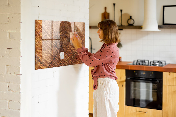 Memobord van glas met print inclusief neodymium magneten Foto-organizer op een houten plank