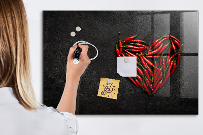 Memobord van glas met print inclusief neodymium magneten Een hart vol paprika's en foto's van herinneringen.