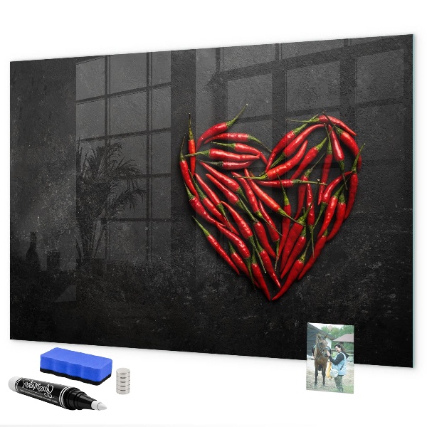 Memobord van glas met print inclusief neodymium magneten Een hart vol paprika's en foto's van herinneringen.