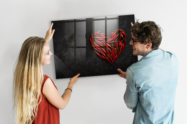 Memobord van glas met print inclusief neodymium magneten Een hart vol paprika's en foto's van herinneringen.