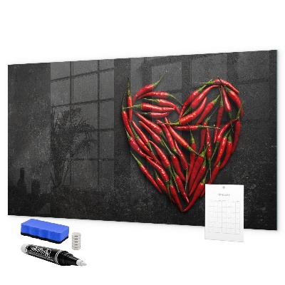 Memobord van glas met print inclusief neodymium magneten Een hart vol paprika's en foto's van herinneringen.
