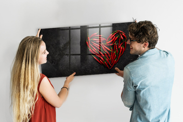 Memobord van glas met print inclusief neodymium magneten Een hart vol paprika's en foto's van herinneringen.