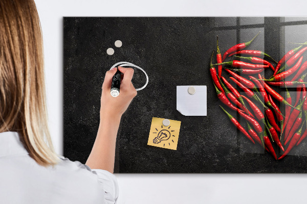 Memobord van glas met print inclusief neodymium magneten Een hart vol paprika's en foto's van herinneringen.