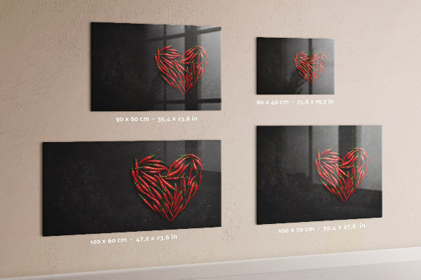 Memobord van glas met print inclusief neodymium magneten Een hart vol paprika's en foto's van herinneringen.