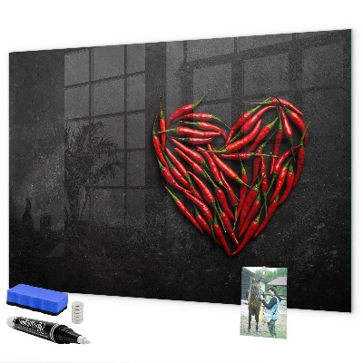 Memobord van glas met print inclusief neodymium magneten Een hart vol paprika's en foto's van herinneringen.