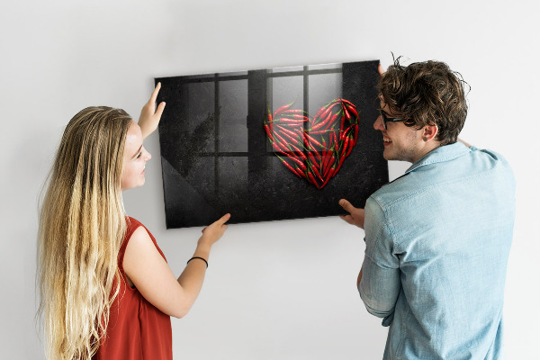 Memobord van glas met print inclusief neodymium magneten Een hart vol paprika's en foto's van herinneringen.