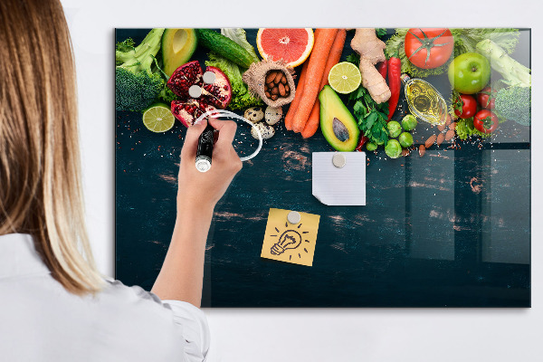 Memobord van glas met print inclusief neodymium magneten Kleurrijke culinaire inspiraties aan de muur