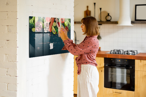Memobord van glas met print inclusief neodymium magneten Kleurrijke culinaire inspiraties aan de muur