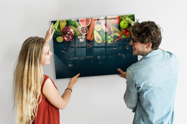Memobord van glas met print inclusief neodymium magneten Kleurrijke culinaire inspiraties aan de muur