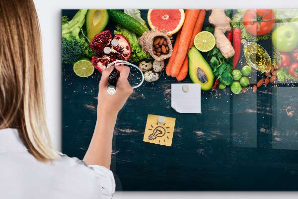 Memobord van glas met print inclusief neodymium magneten Kleurrijke culinaire inspiraties aan de muur