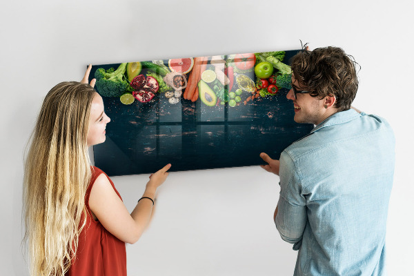 Memobord van glas met print inclusief neodymium magneten Kleurrijke culinaire inspiraties aan de muur