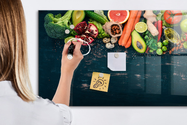 Memobord van glas met print inclusief neodymium magneten Kleurrijke culinaire inspiraties aan de muur