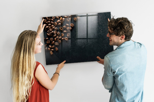Decoratief glazen wandbord beschrijfbaar en magnetisch Koffie en herinneringen op één plek.