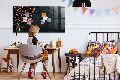 Decoratief glazen wandbord beschrijfbaar en magnetisch Koffie en herinneringen op één plek.