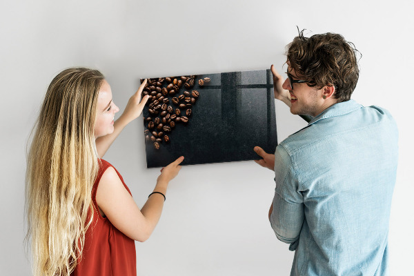 Decoratief glazen wandbord beschrijfbaar en magnetisch Koffie en herinneringen op één plek.