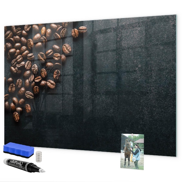 Decoratief glazen wandbord beschrijfbaar en magnetisch Koffie en herinneringen op één plek.