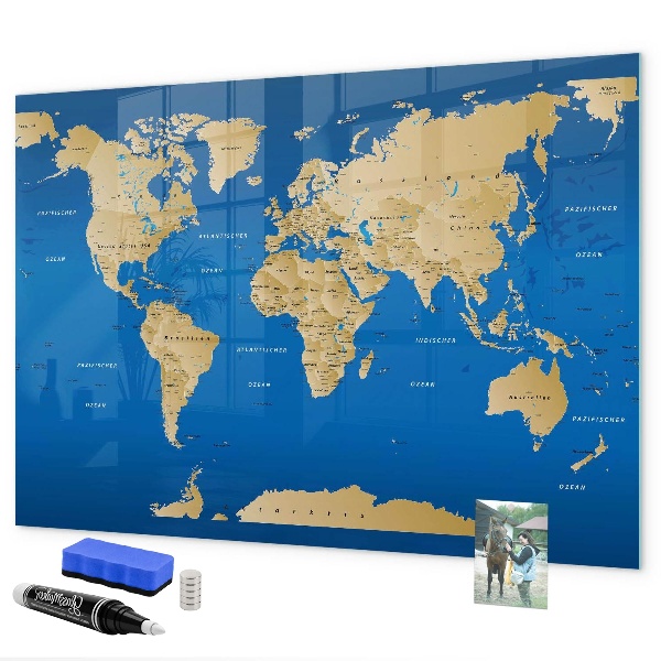 Memobord van glas met print inclusief neodymium magneten Wereldkaart met plaatsen om te markeren