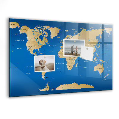 Memobord van glas met print inclusief neodymium magneten Wereldkaart met plaatsen om te markeren
