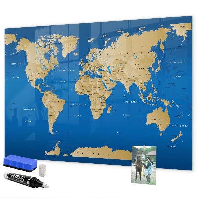 Memobord van glas met print inclusief neodymium magneten Wereldkaart met plaatsen om te markeren