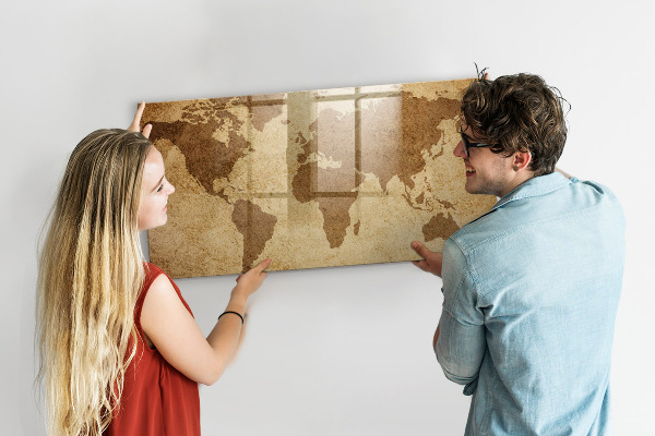Decoratief glazen wandbord beschrijfbaar en magnetisch Wereldkaart als inspiratiebord