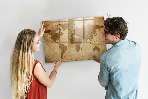 Decoratief glazen wandbord beschrijfbaar en magnetisch Wereldkaart als inspiratiebord