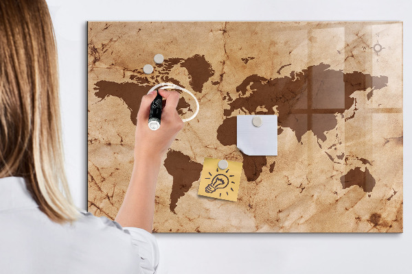 Memobord van glas met print inclusief neodymium magneten Een wereldkaart om herinneringen op te schrijven