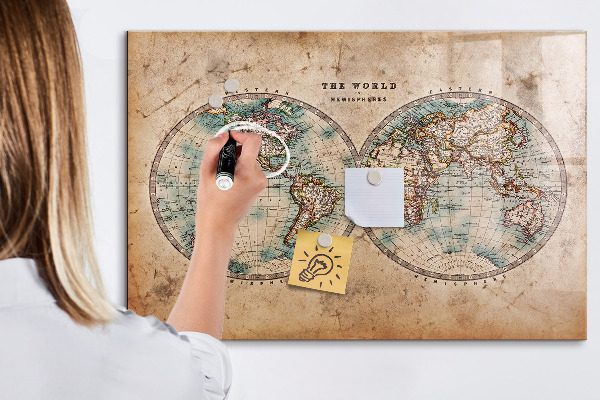Decoratief glazen wandbord beschrijfbaar en magnetisch Wereldkaart met ruimte voor foto's