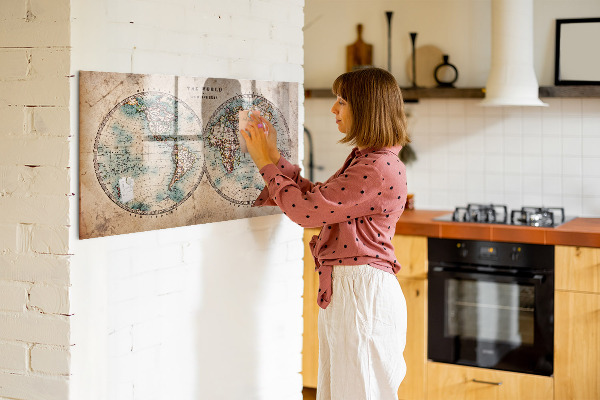 Decoratief glazen wandbord beschrijfbaar en magnetisch Wereldkaart met ruimte voor foto's