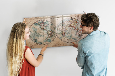 Decoratief glazen wandbord beschrijfbaar en magnetisch Wereldkaart met ruimte voor foto's