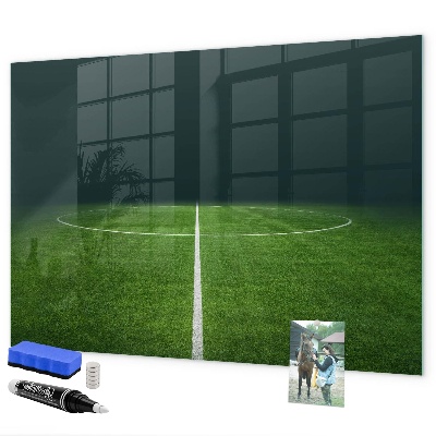 Memobord van glas met print inclusief neodymium magneten Een notitiebord op een groene achtergrond.