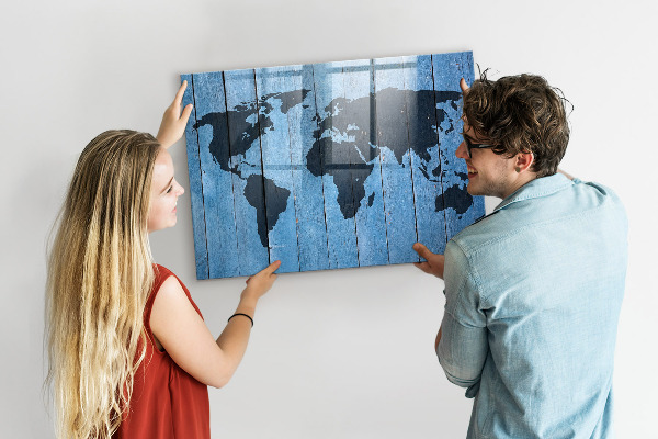 Memobord van glas met print inclusief neodymium magneten Wereldkaart met fotolocaties