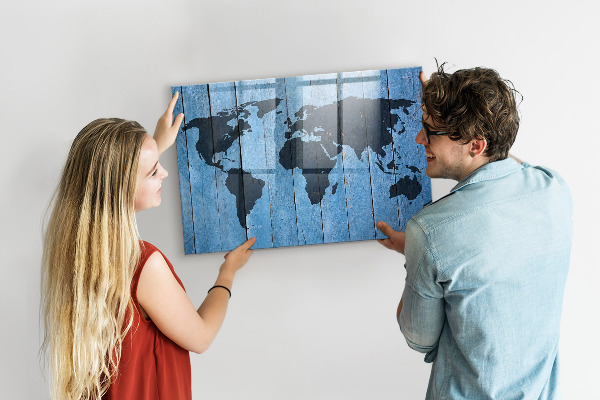 Memobord van glas met print inclusief neodymium magneten Wereldkaart met fotolocaties