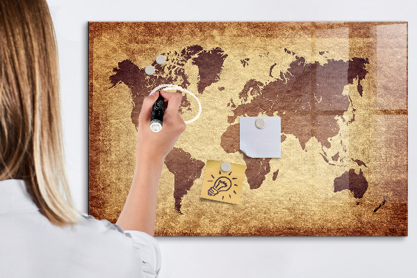 Decoratief glazen wandbord beschrijfbaar en magnetisch Wereldkaart met fotolocaties