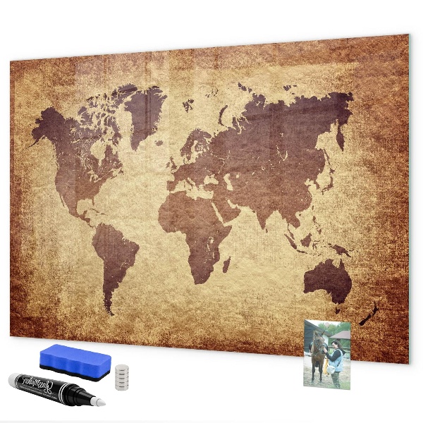Decoratief glazen wandbord beschrijfbaar en magnetisch Wereldkaart met fotolocaties