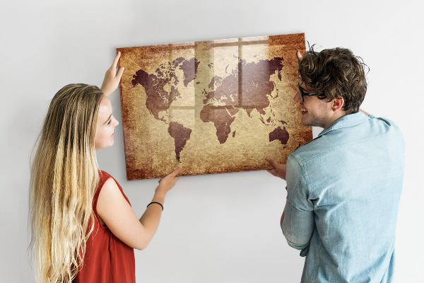 Decoratief glazen wandbord beschrijfbaar en magnetisch Wereldkaart met fotolocaties