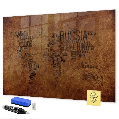Decoratief glazen wandbord beschrijfbaar en magnetisch Een wereldkaart met persoonlijke herinneringen.