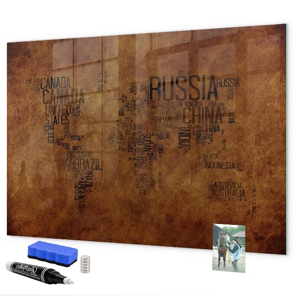 Decoratief glazen wandbord beschrijfbaar en magnetisch Een wereldkaart met persoonlijke herinneringen.